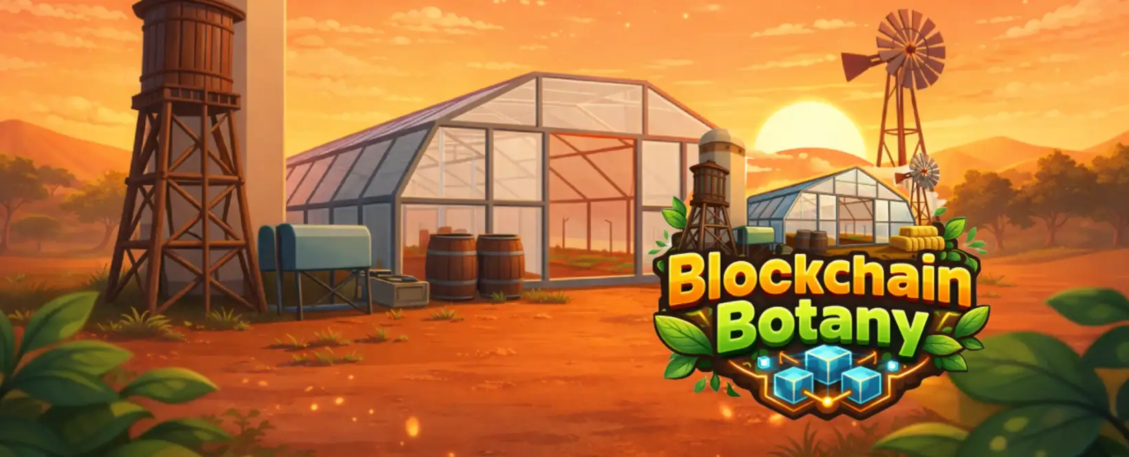 Blockchain Botany greenhouse at sunset with the game title